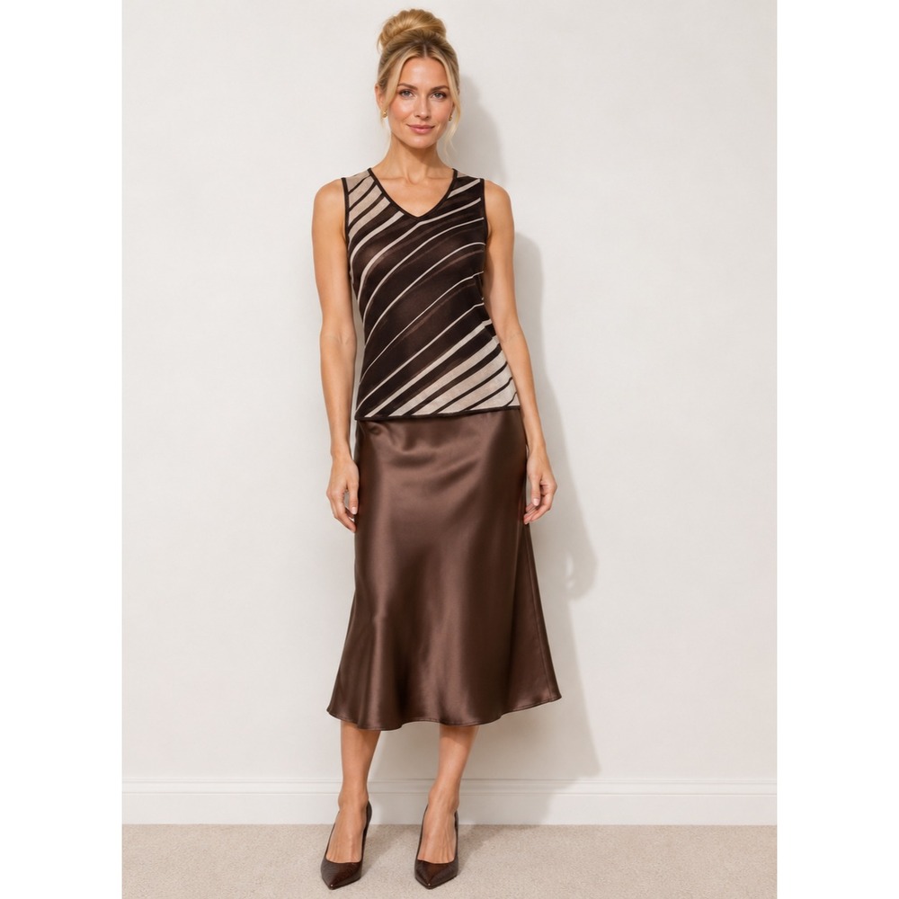 Valencia Women's Striped Knit Tank Top Brown Beige Asymmetrical Hem Medium (6-8)